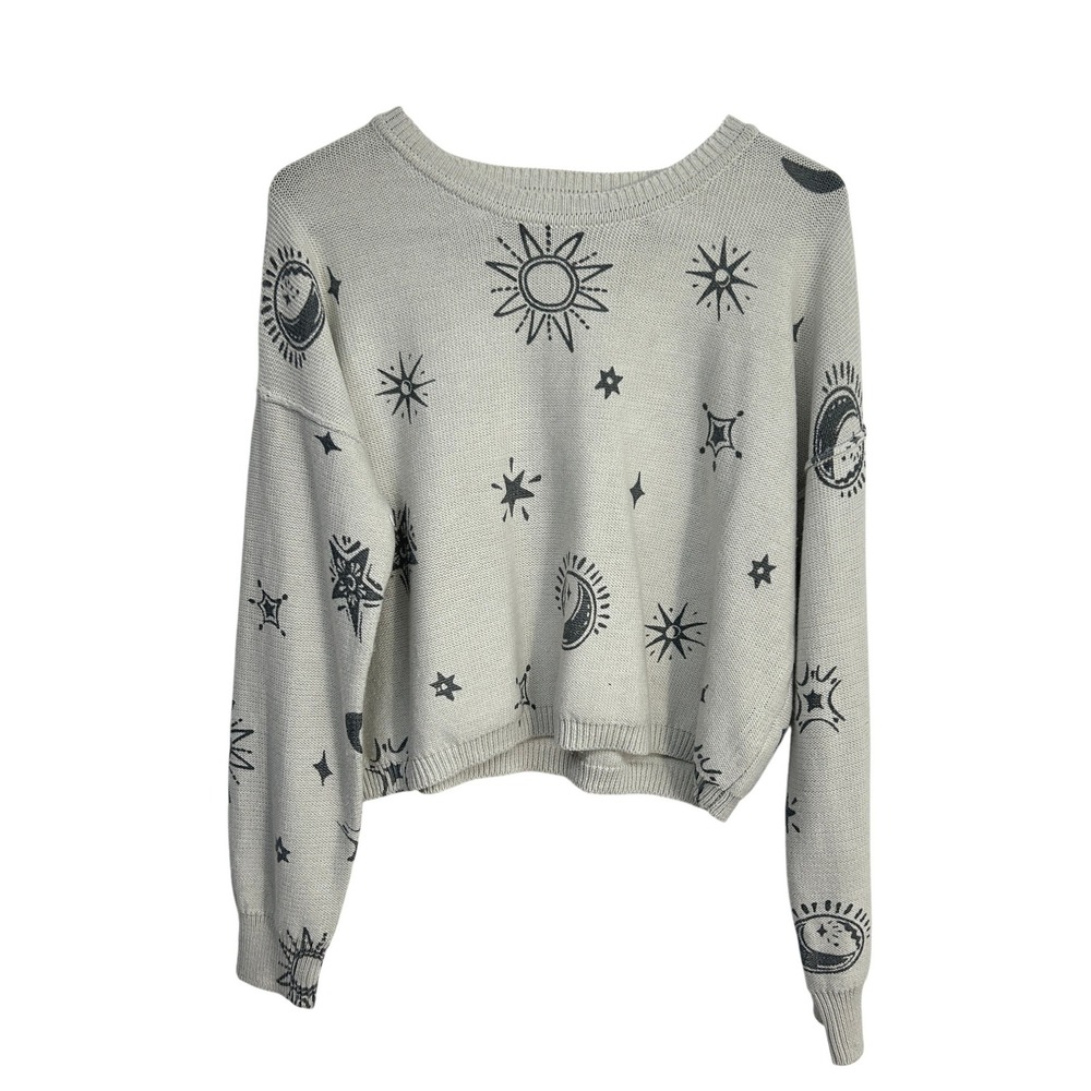 Sincerely‎ Jules Celestial Sun Moon Star Knit Crop Sweater Small Grey Whimsigoth